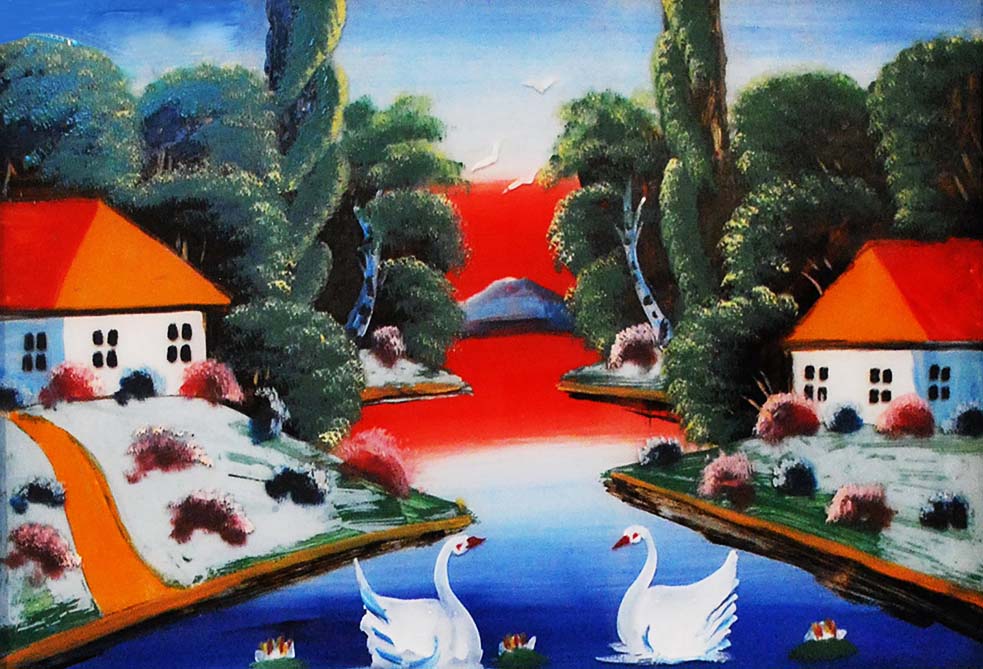 Народна картина «Пейзаж із лебедями». Серед. 20 ст. Скло, туш, олія